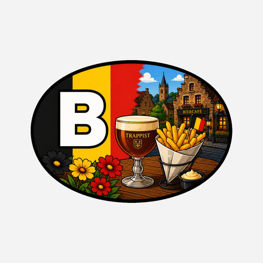 B Landcode Sticker België – Friet en Chocolade – hoofdafbeelding van de sticker
