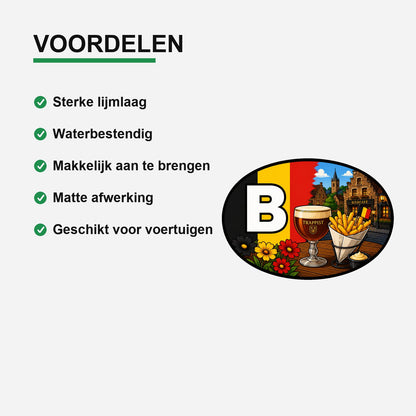 B Landcode Sticker België – Friet en Chocolade – gebruiksvoorbeeld