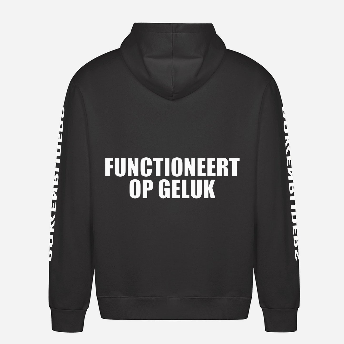Functioneert Op Geluk Hoodie – achterkant met grote rugprint