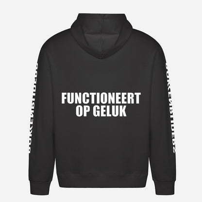 Functioneert Op Geluk Hoodie – achterkant met grote rugprint