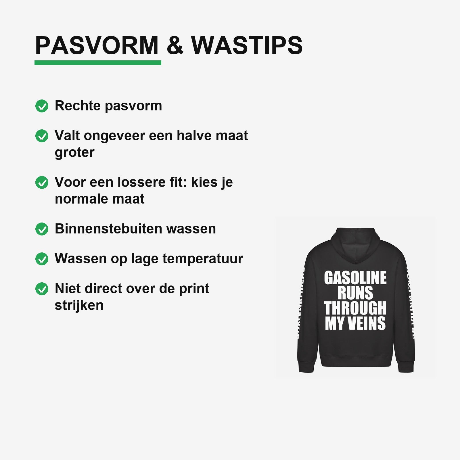 Gasoline Runs Through My Veins Hoodie – materiaal van dichtbij
