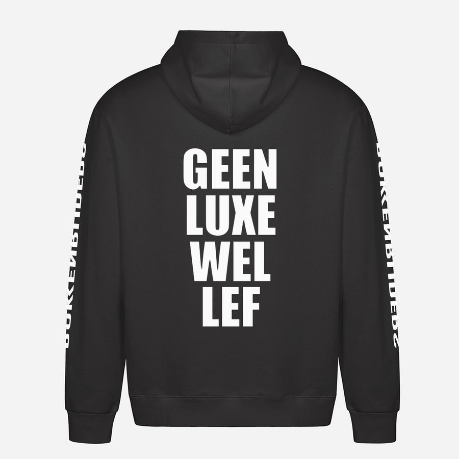 Geen Luxe Wel Lef Hoodie – achterkant met grote rugprint