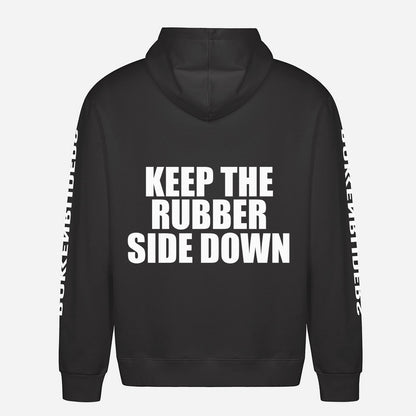 Keep The Rubber Side Down Hoodie – achterkant met grote rugprint