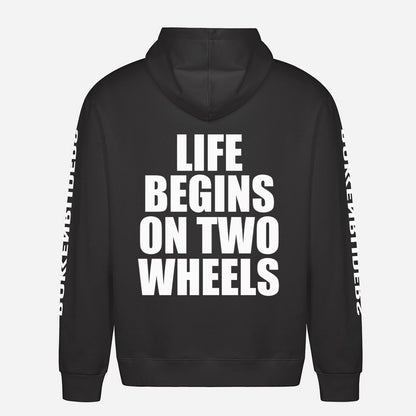Life Begins On Two Wheels Hoodie – achterkant met grote rugprint