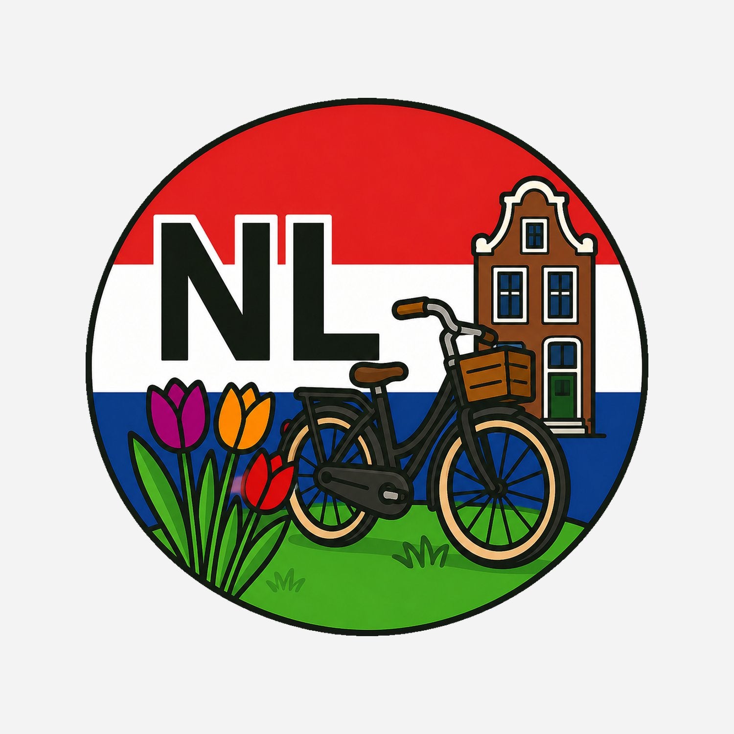 NL Landcode Sticker Nederland – Fiets en Grachtenpand – hoofdafbeelding van de sticker