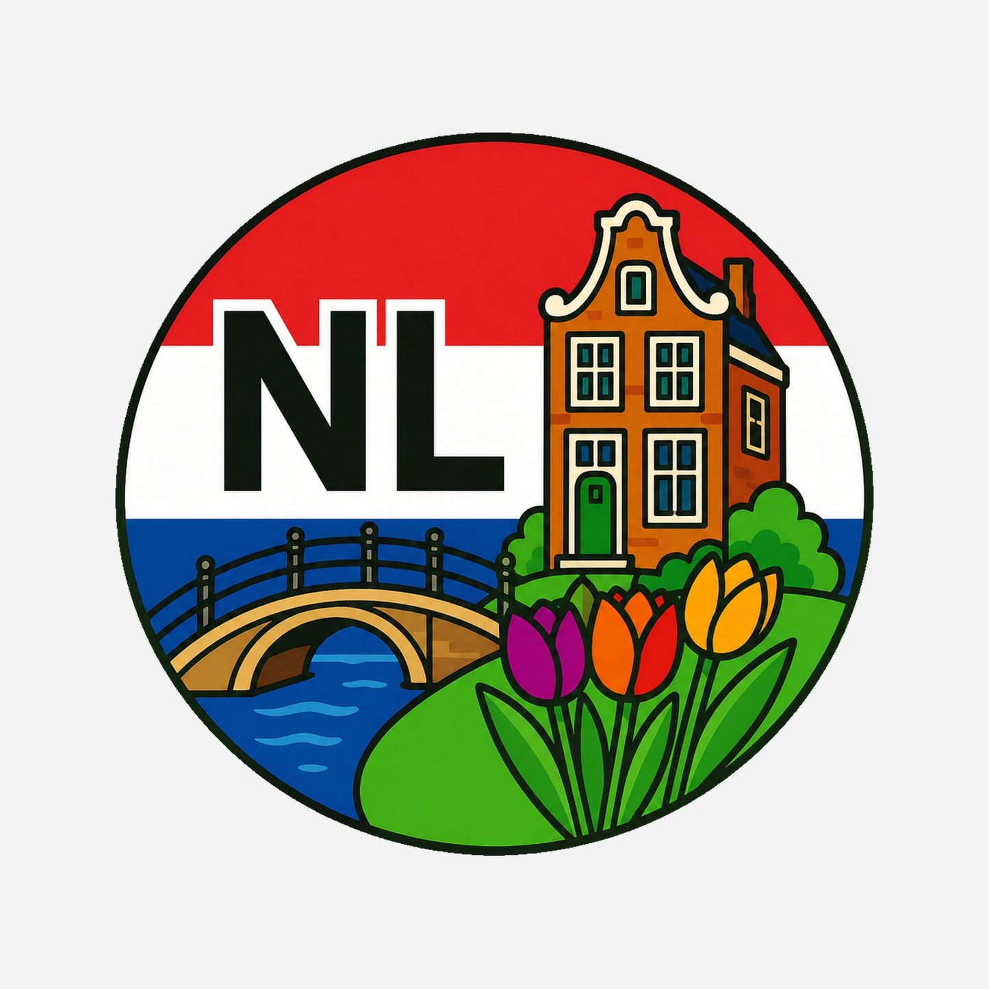 NL Landcode Sticker Nederland – Grachtenpand en Brug – hoofdafbeelding van de sticker