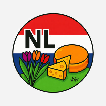 NL Landcode Sticker Nederland – Kaas en Tulpen – hoofdafbeelding van de sticker