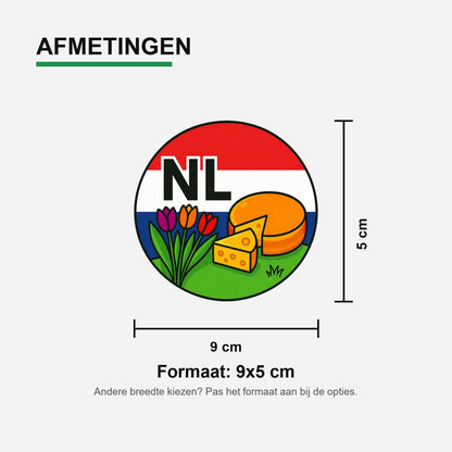 NL Landcode Sticker Nederland – Kaas en Tulpen – materiaal en matte afwerking