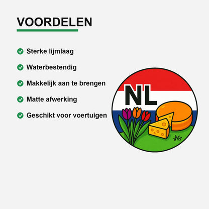 NL Landcode Sticker Nederland – Kaas en Tulpen – gebruiksvoorbeeld