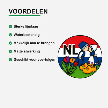 NL Landcode Sticker Nederland – Klederdracht en Klompen – gebruiksvoorbeeld