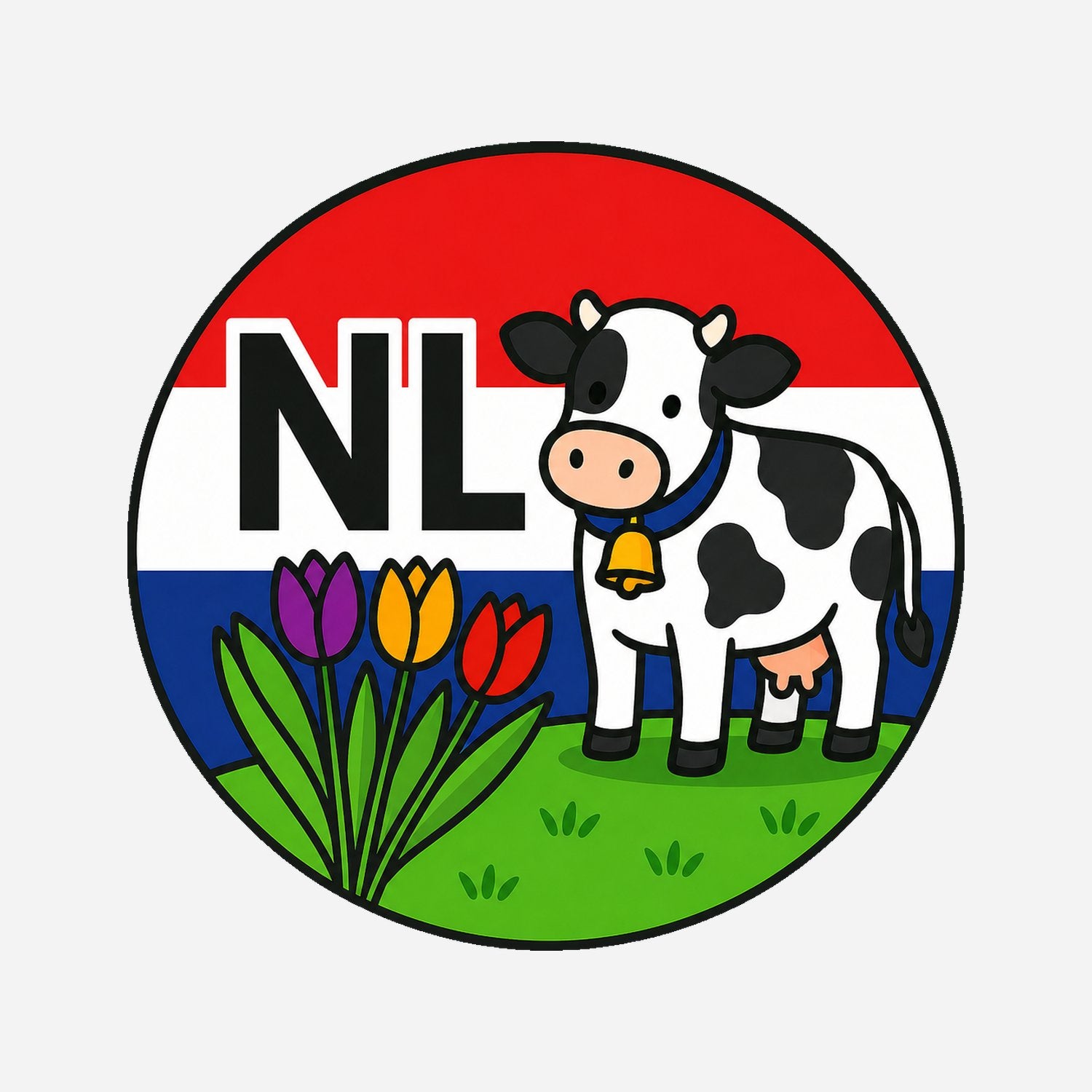 NL Landcode Sticker Nederland – Koe en Tulpen – hoofdafbeelding van de sticker