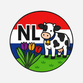 NL Adesivo de código do país Países Baixos – Vaca e tulipas