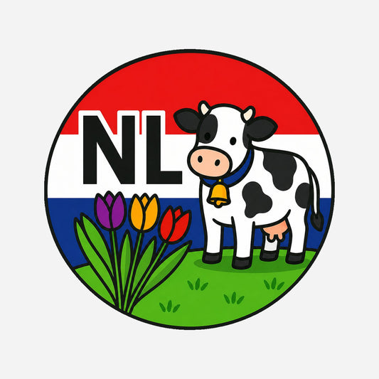 NL Landcode Sticker Nederland – Koe en Tulpen – hoofdafbeelding van de sticker