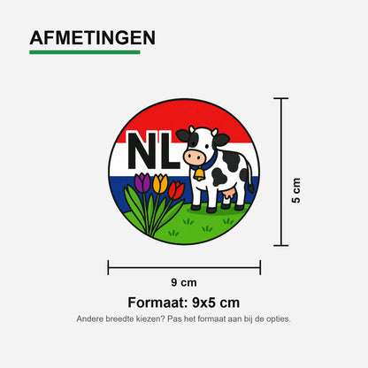 NL Landcode Sticker Nederland – Koe en Tulpen – materiaal en matte afwerking