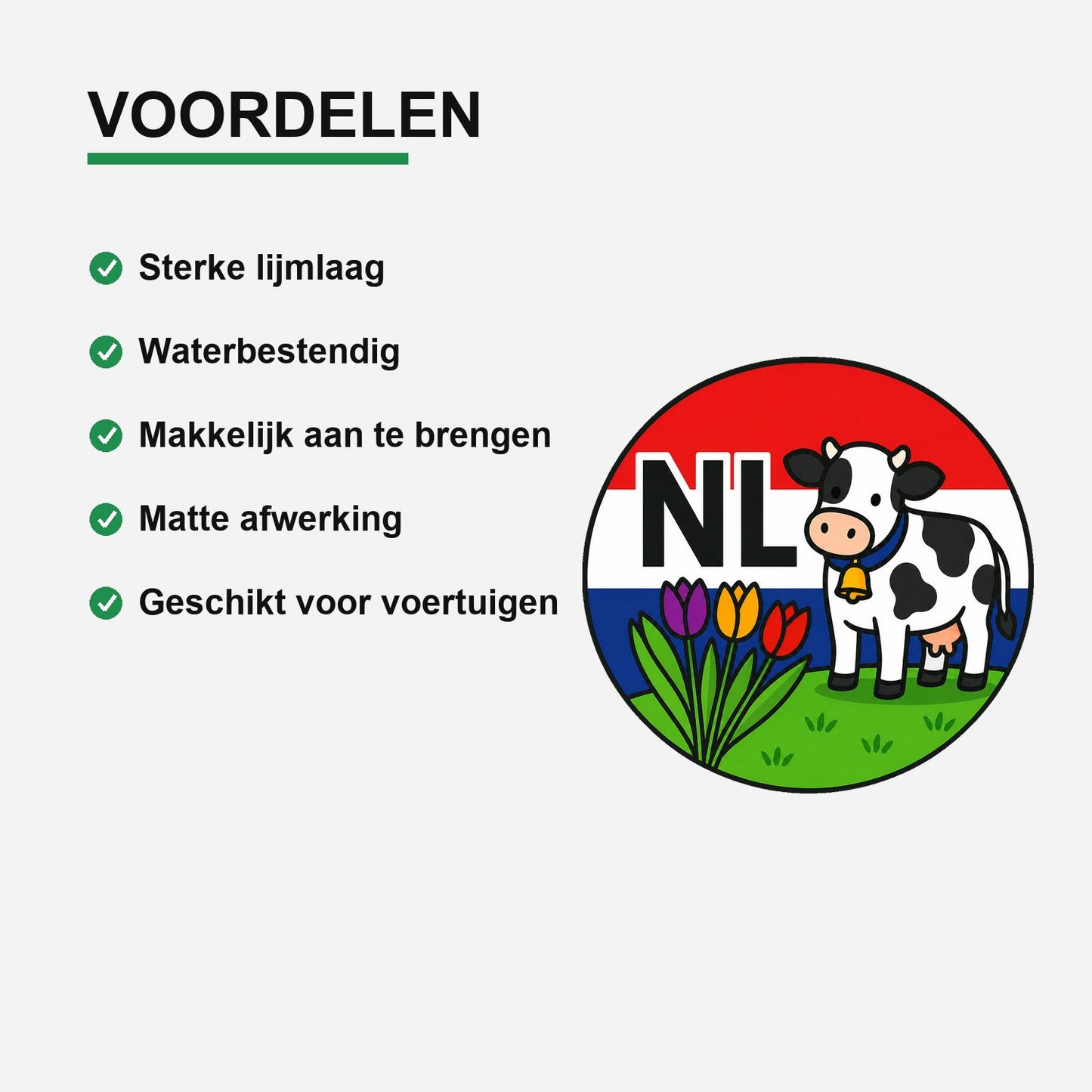 NL Landcode Sticker Nederland – Koe en Tulpen – gebruiksvoorbeeld
