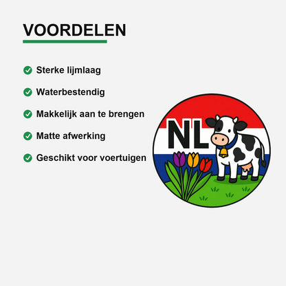 NL Landcode Sticker Nederland – Koe en Tulpen – gebruiksvoorbeeld