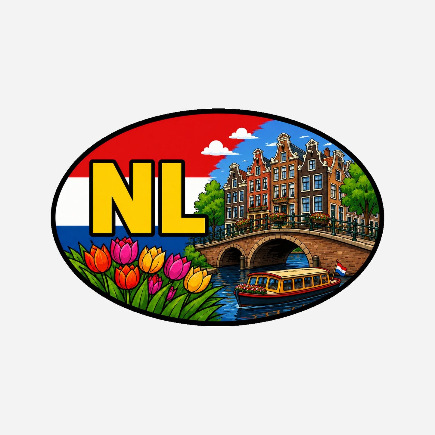 NL Landcode Sticker Amsterdam – Grachten en rondvaartboot – hoofdafbeelding van de sticker