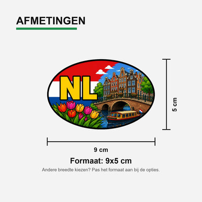NL Landcode Sticker Amsterdam – Grachten en rondvaartboot – materiaal en matte afwerking