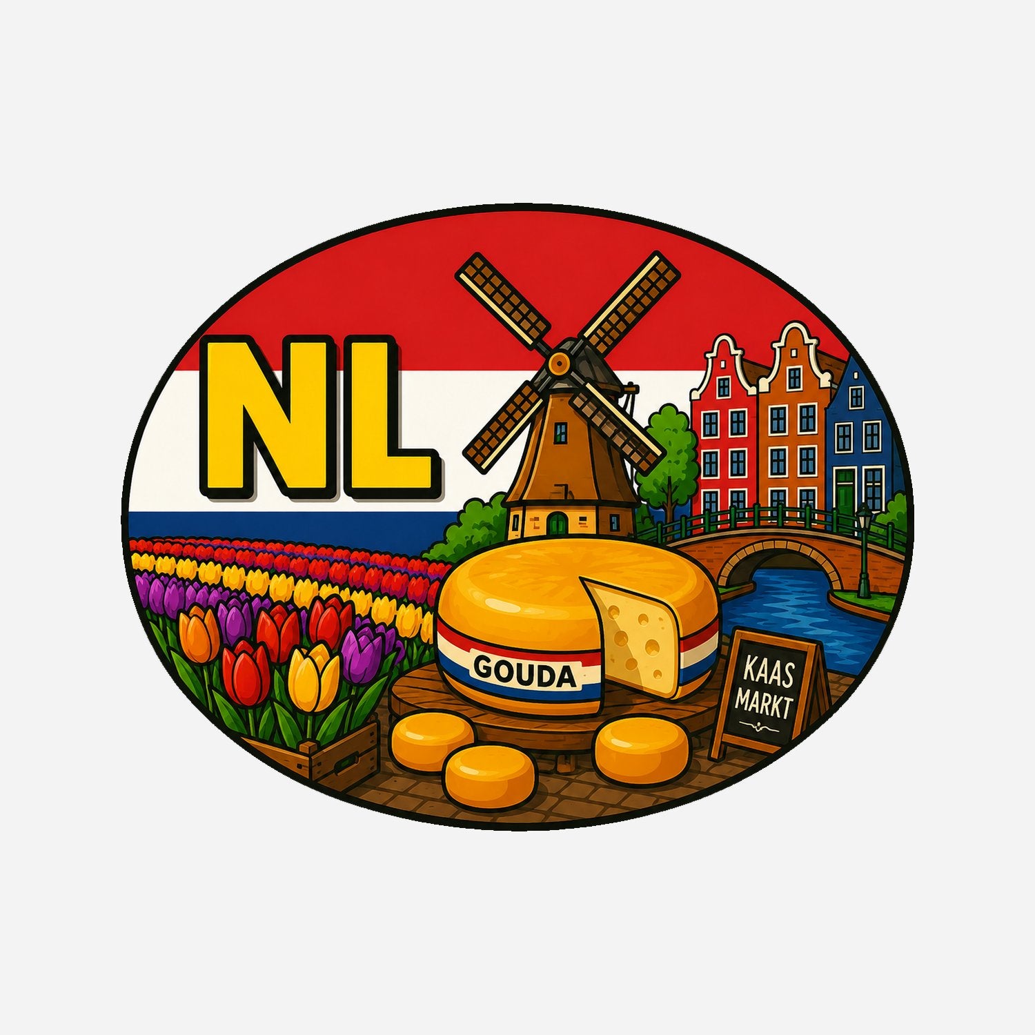 NL Landcode Sticker Nederland – Goudse kaas – hoofdafbeelding van de sticker