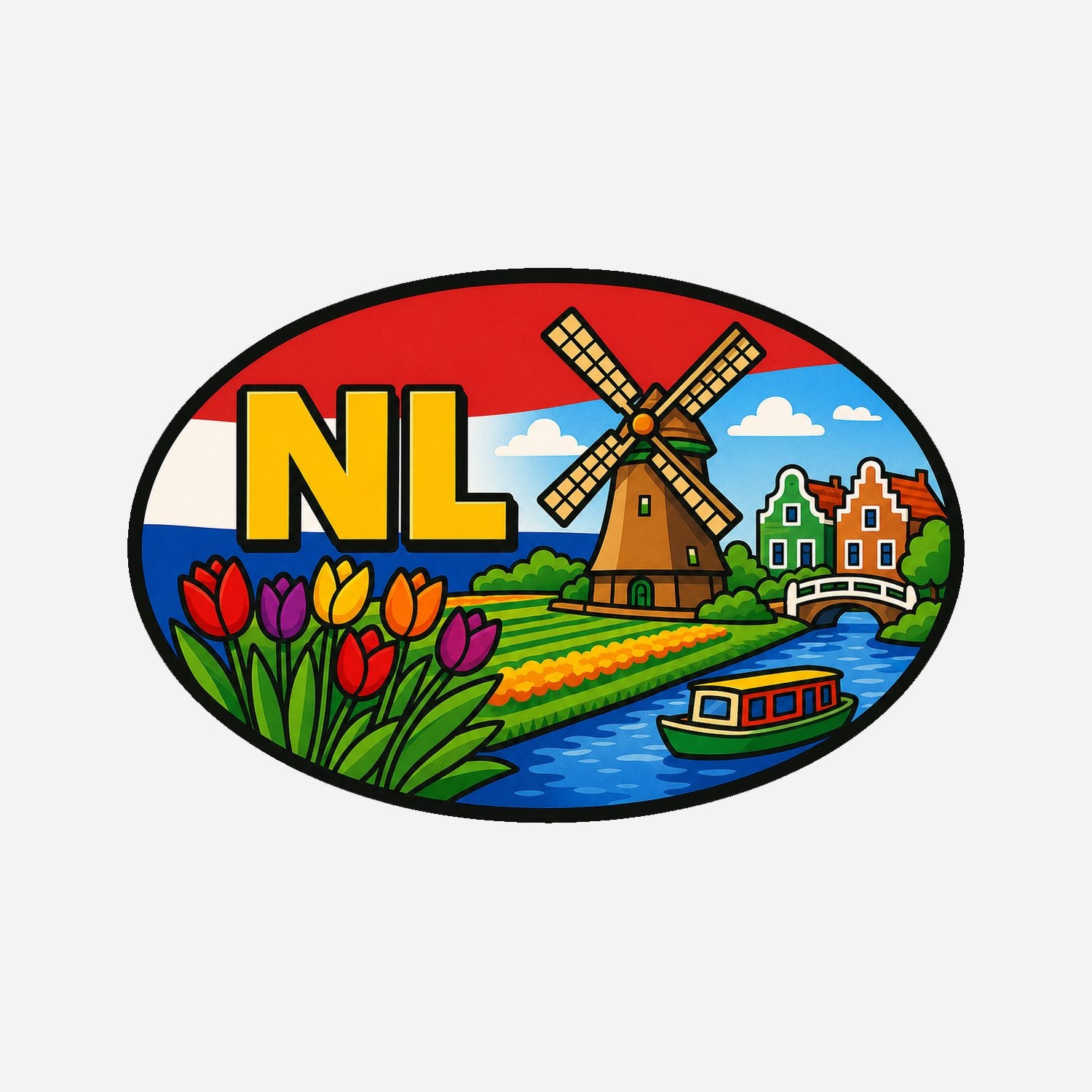 NL Landcode Sticker Nederland – Boot bij Kinderdijk – hoofdafbeelding van de sticker