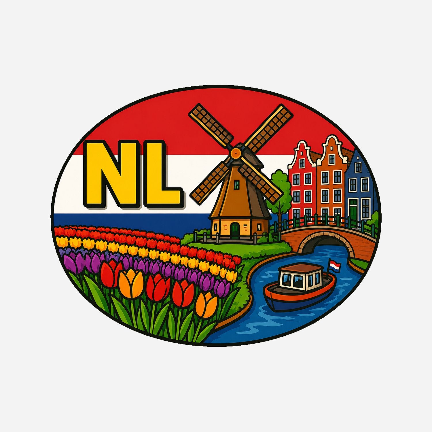 NL Landcode Sticker Nederland – Molen van Kinderdijk – hoofdafbeelding van de sticker