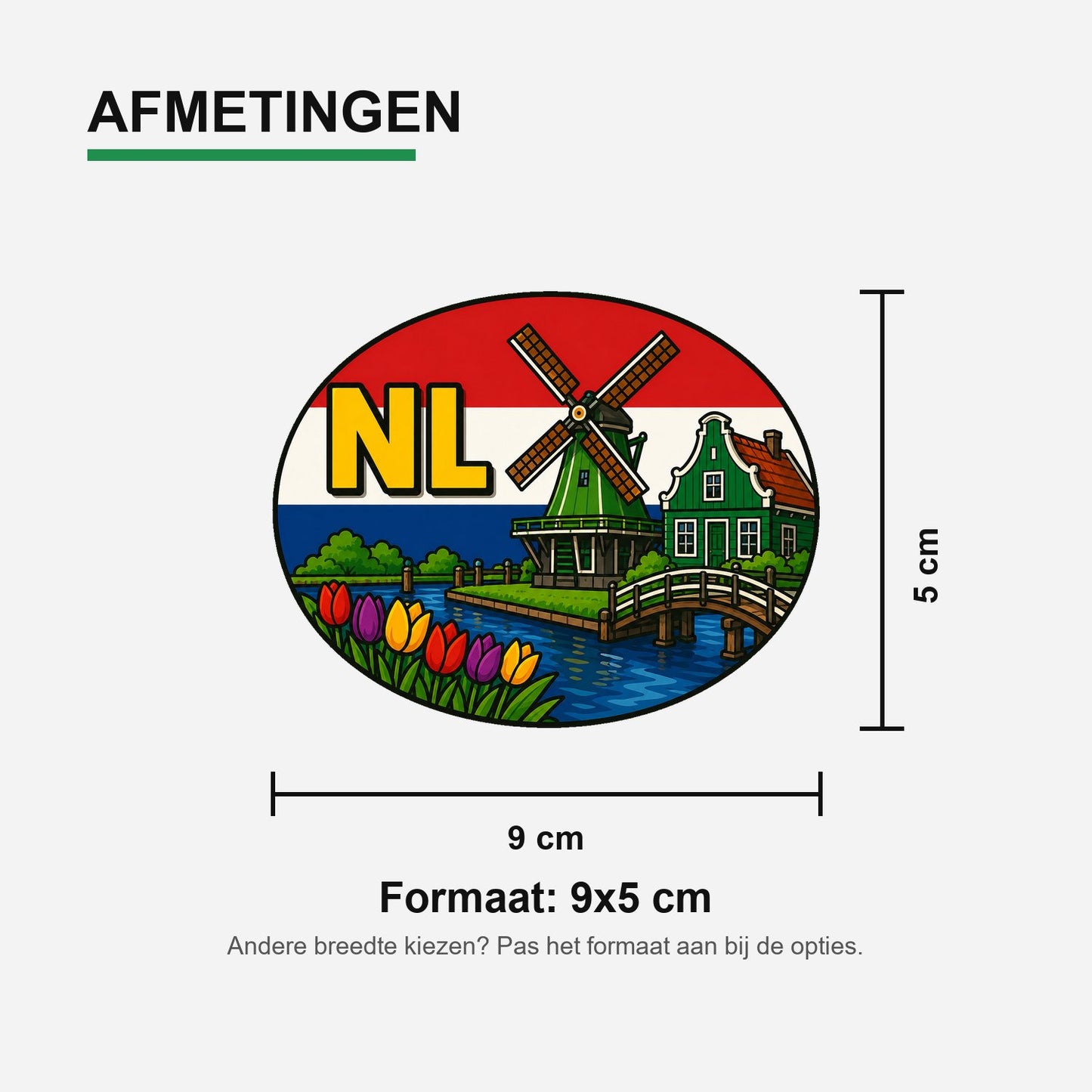 NL Landcode Sticker Nederland – Zaanse Schans – materiaal en matte afwerking