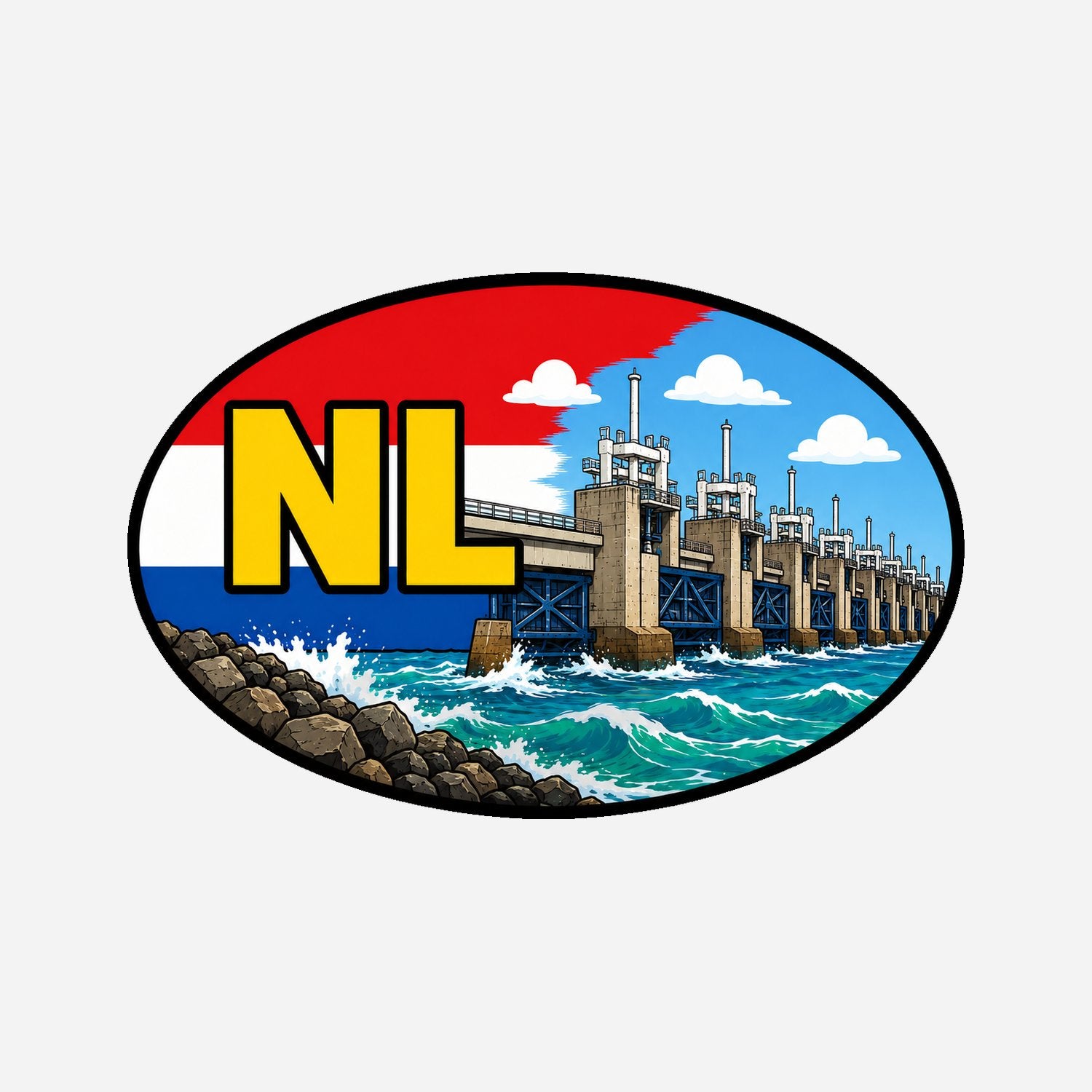 NL Landcode Sticker Deltawerken – Stormvloedkering en zee – hoofdafbeelding van de sticker