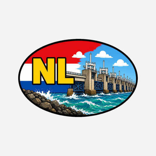 NL Landcode Sticker Deltawerken – Stormvloedkering en zee – hoofdafbeelding van de sticker