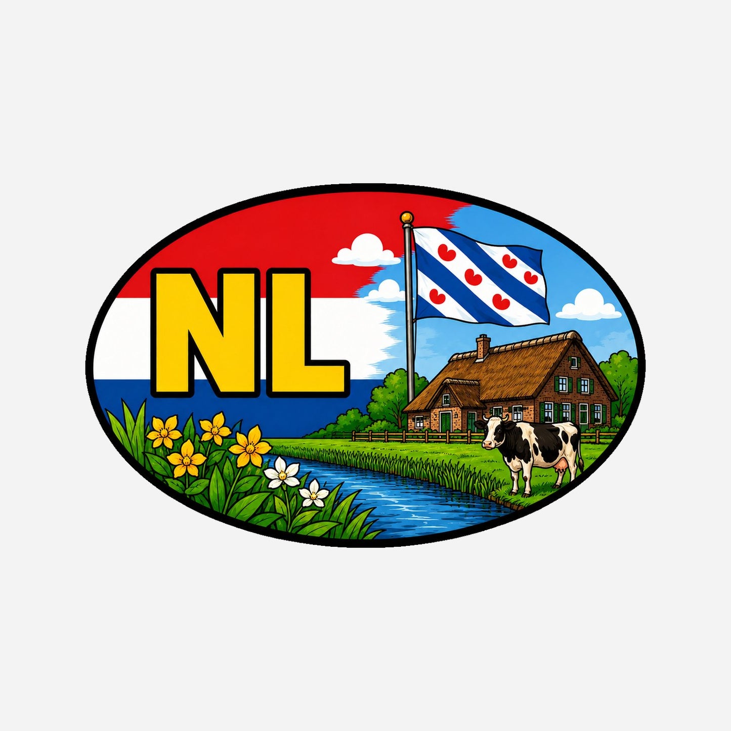 NL Landcode Sticker Friesland – Friese vlag, boerderij en koe – hoofdafbeelding van de sticker