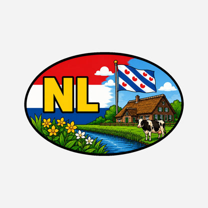 NL Landcode Sticker Friesland – Friese vlag, boerderij en koe – hoofdafbeelding van de sticker