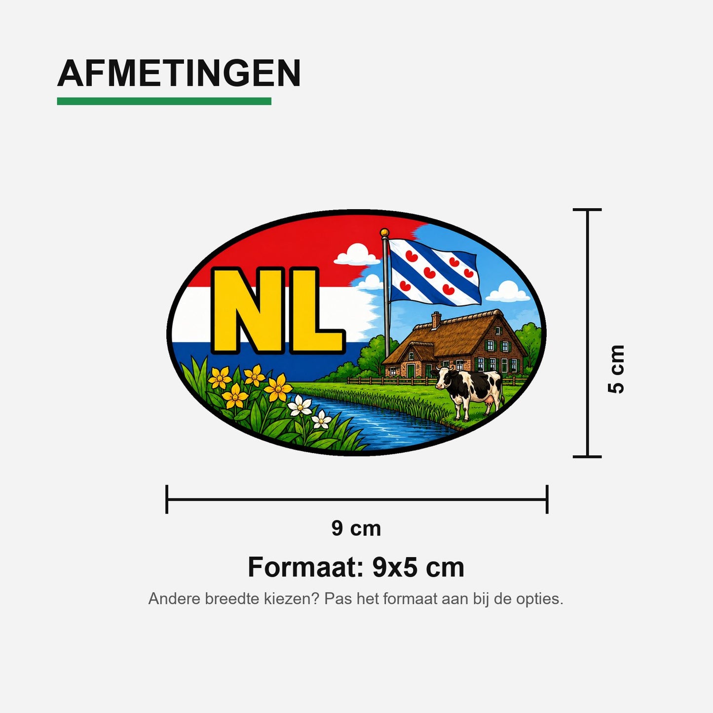 NL Landcode Sticker Friesland – Friese vlag, boerderij en koe – materiaal en matte afwerking