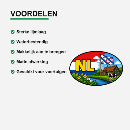 NL Landcode Sticker Friesland – Friese vlag, boerderij en koe – gebruiksvoorbeeld