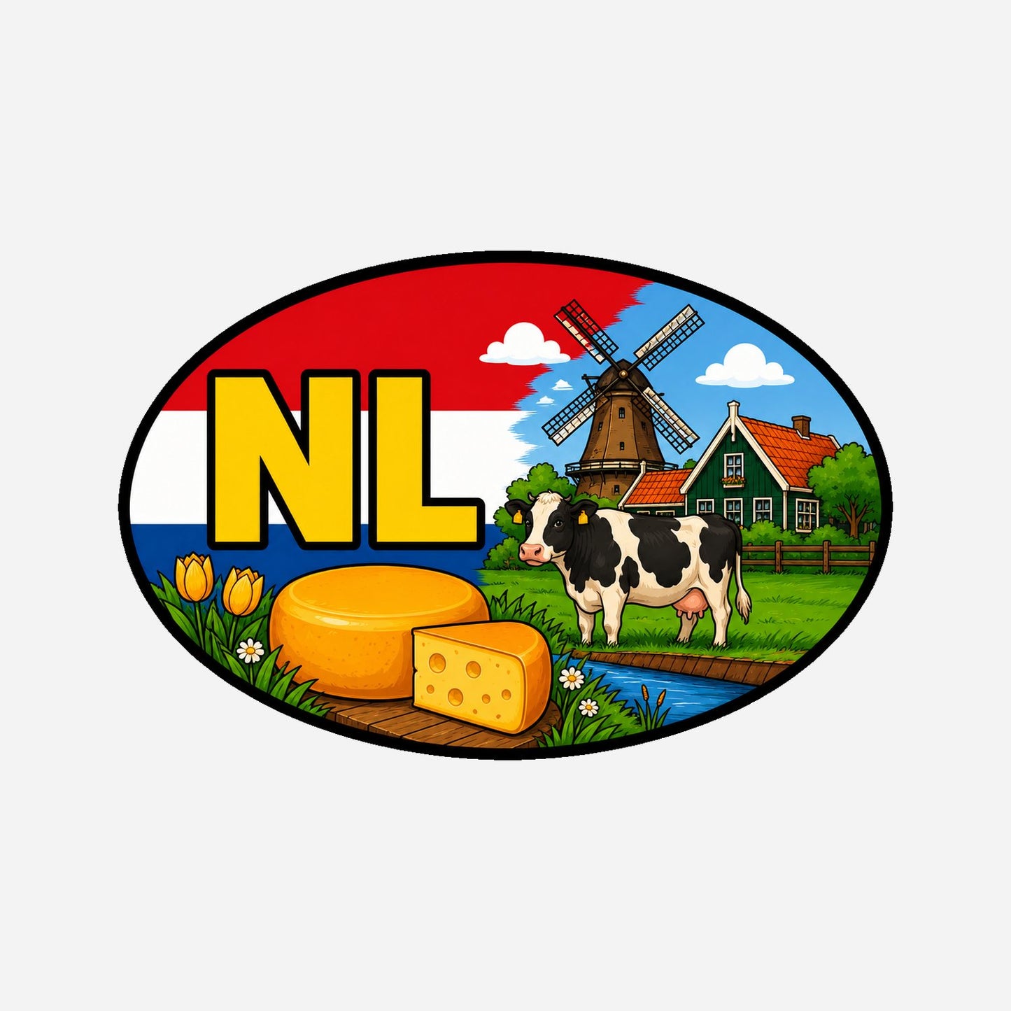 NL Landcode Sticker Gouda – Goudse kaas, koe en windmolen – hoofdafbeelding van de sticker