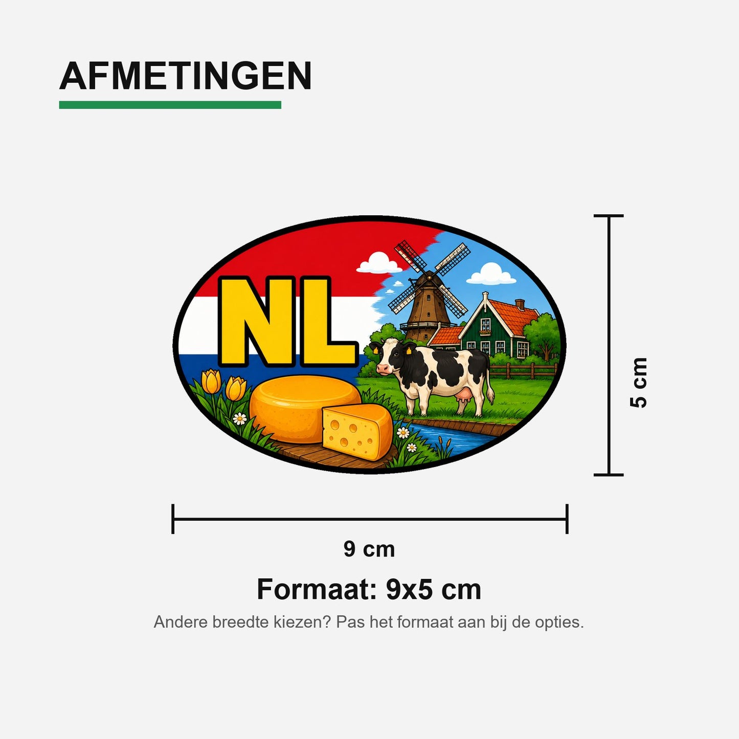 NL Landcode Sticker Gouda – Goudse kaas, koe en windmolen – materiaal en matte afwerking