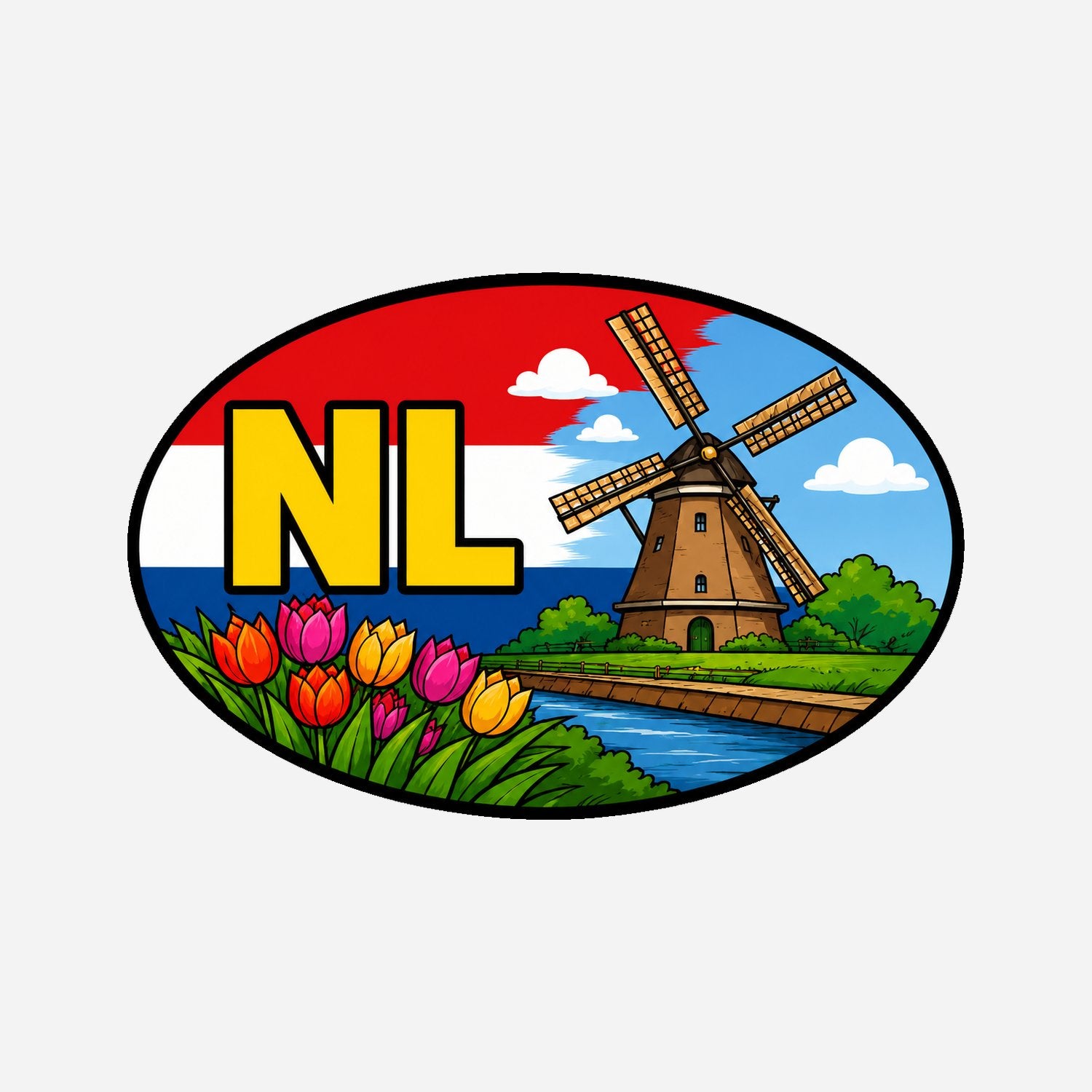 NL Landcode Sticker Kinderdijk – Windmolen en tulpen – hoofdafbeelding van de sticker