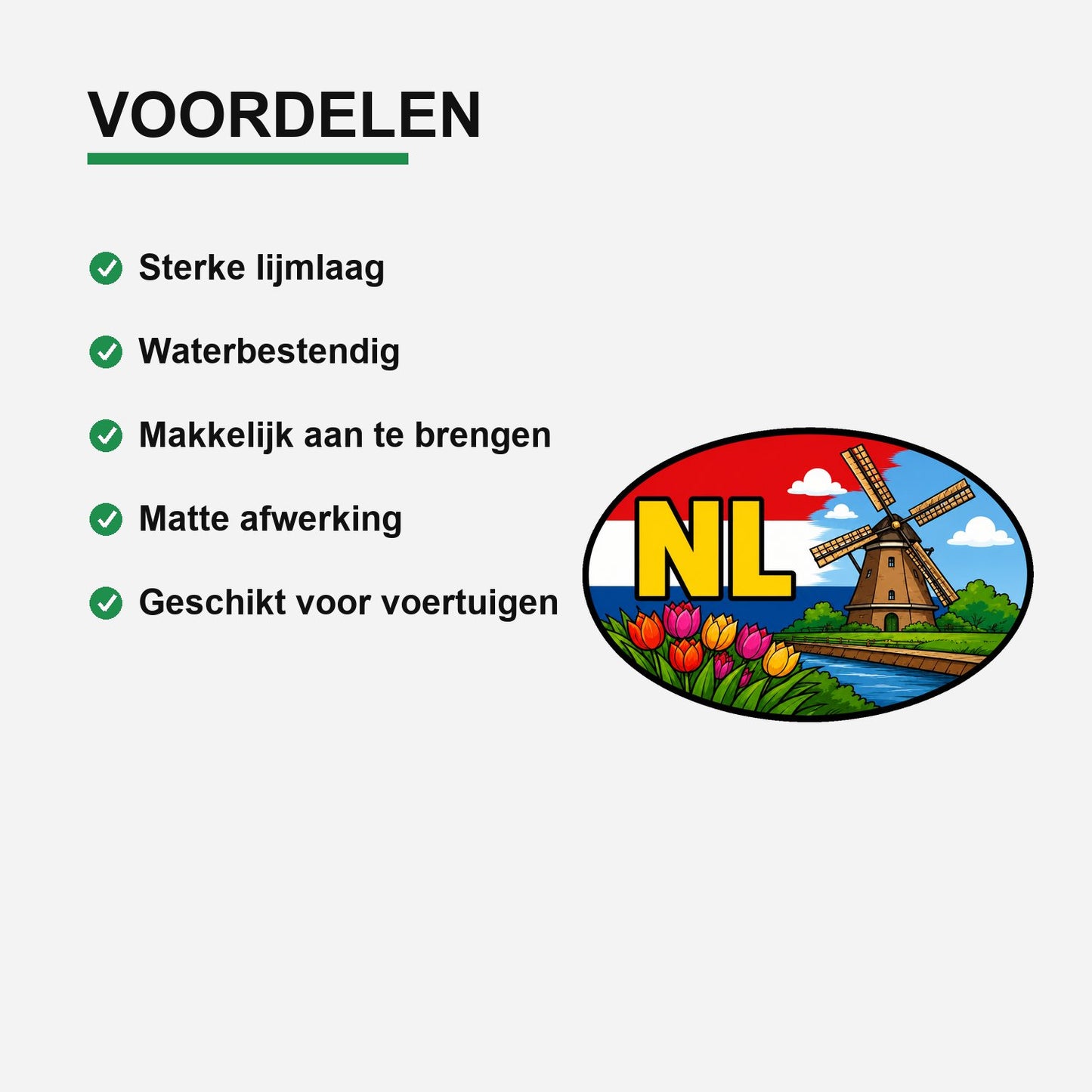 NL Landcode Sticker Kinderdijk – Windmolen en tulpen – gebruiksvoorbeeld