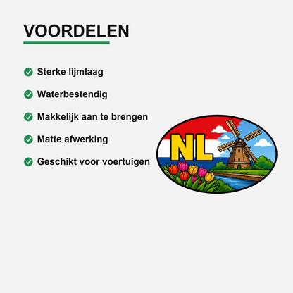 NL Landcode Sticker Kinderdijk – Windmolen en tulpen – gebruiksvoorbeeld
