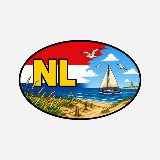 NL Landcode Sticker Noordzeestrand – Zeilboot, strand en duinen – hoofdafbeelding van de sticker