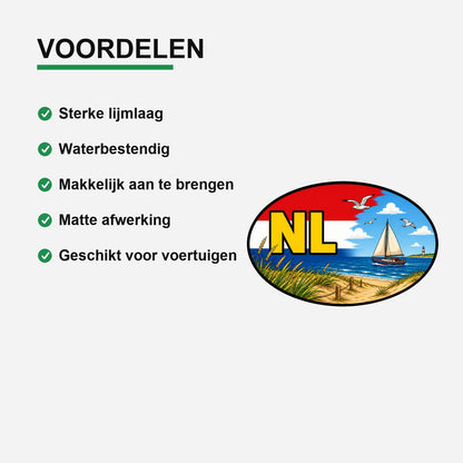 NL Landcode Sticker Noordzeestrand – Zeilboot, strand en duinen – gebruiksvoorbeeld