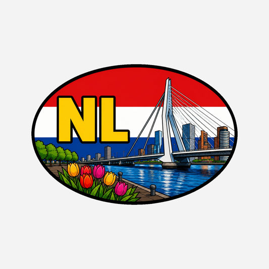 NL Landcode Sticker Rotterdam – Erasmusbrug en skyline – hoofdafbeelding van de sticker