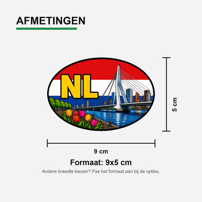 NL Landcode Sticker Rotterdam – Erasmusbrug en skyline – materiaal en matte afwerking