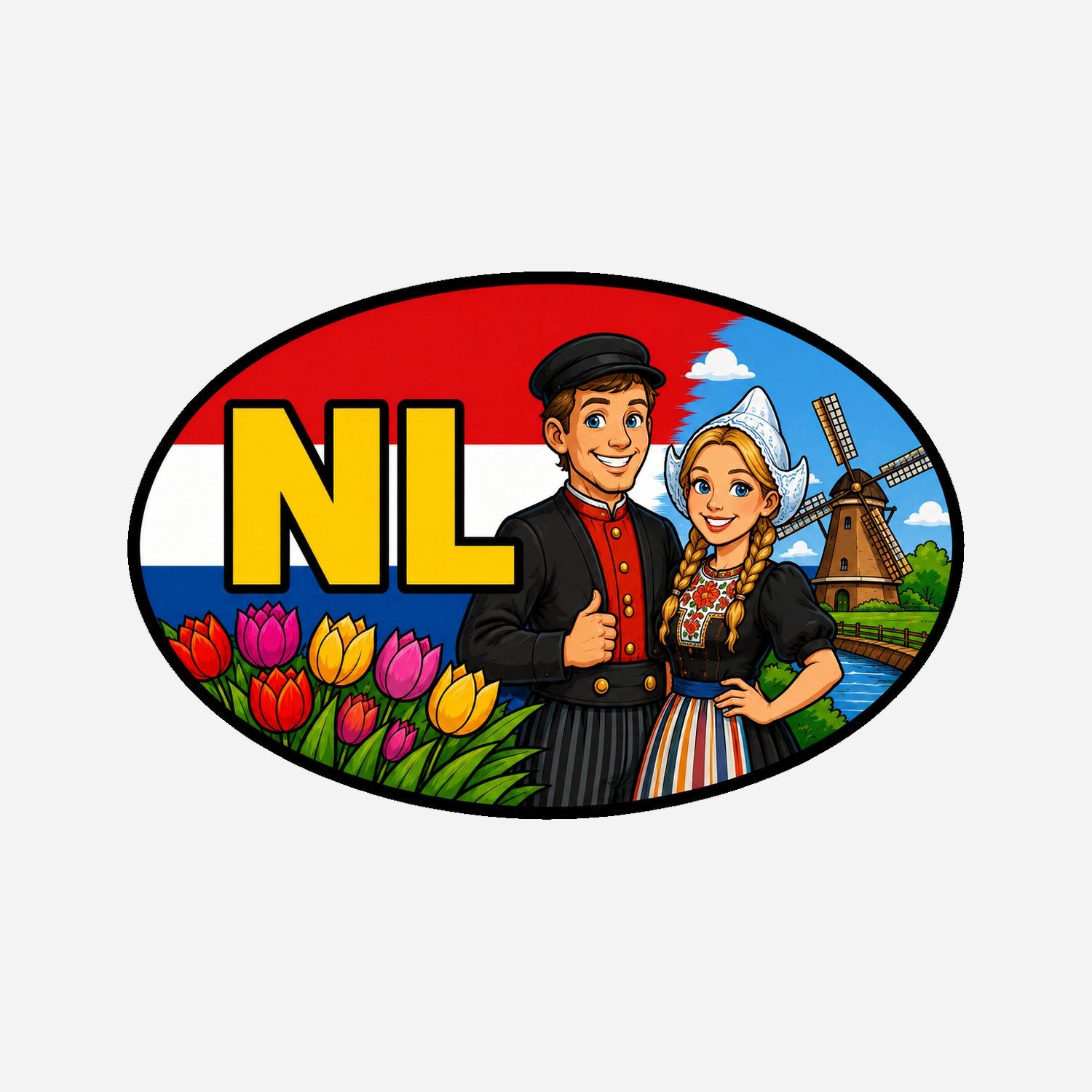 NL Landcode Sticker Volendam – Klederdracht, tulpen en molen – hoofdafbeelding van de sticker