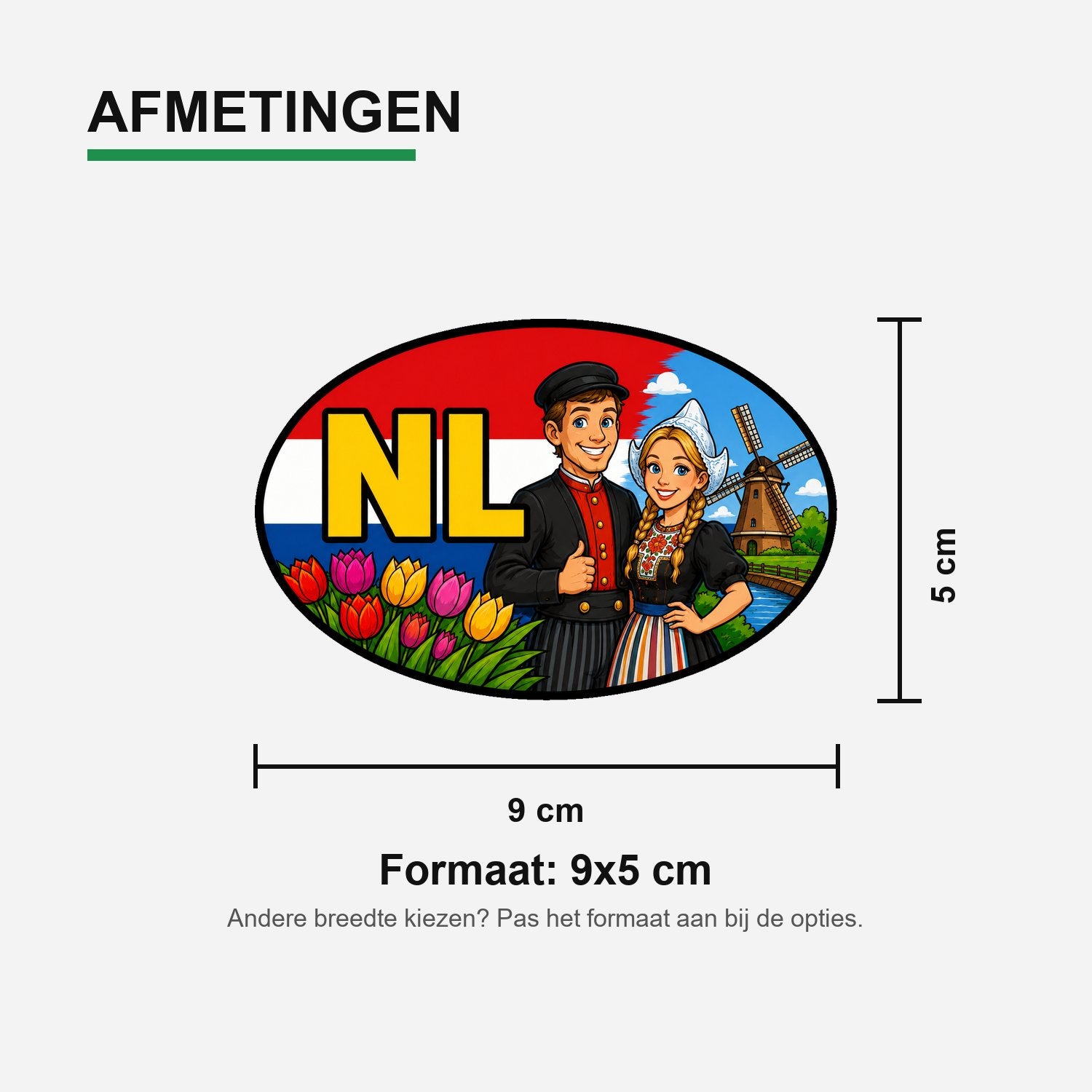 NL Landcode Sticker Volendam – Klederdracht, tulpen en molen – materiaal en matte afwerking