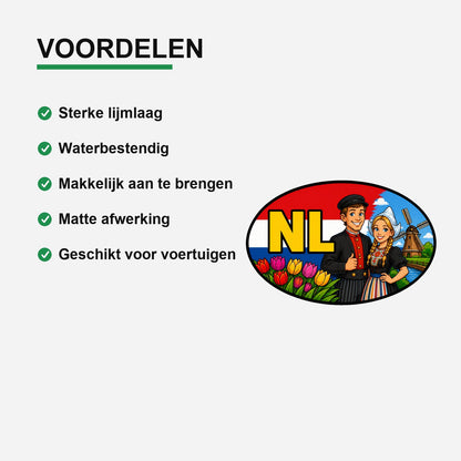 NL Landcode Sticker Volendam – Klederdracht, tulpen en molen – gebruiksvoorbeeld