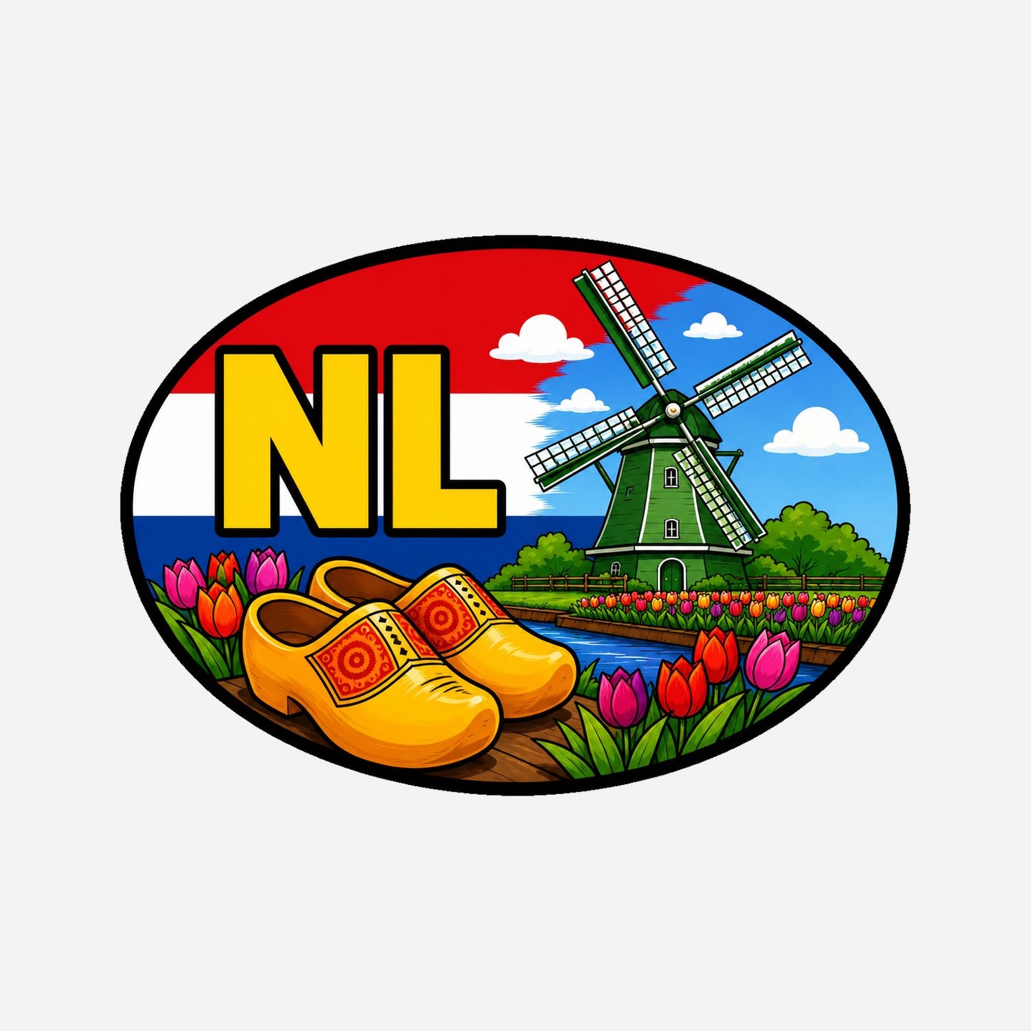 NL Landcode Sticker Zaanse Schans – Klompen, molen en tulpen – hoofdafbeelding van de sticker