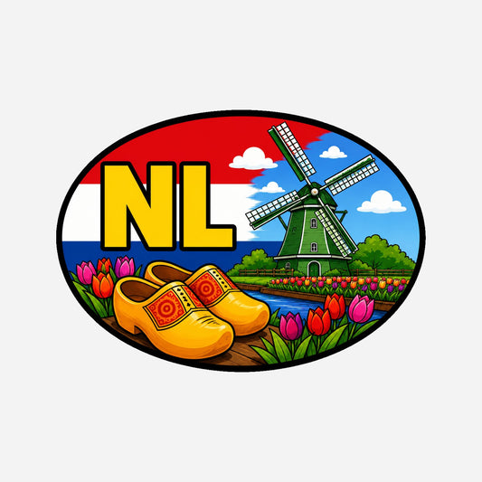 NL Landcode Sticker Zaanse Schans – Klompen, molen en tulpen – hoofdafbeelding van de sticker
