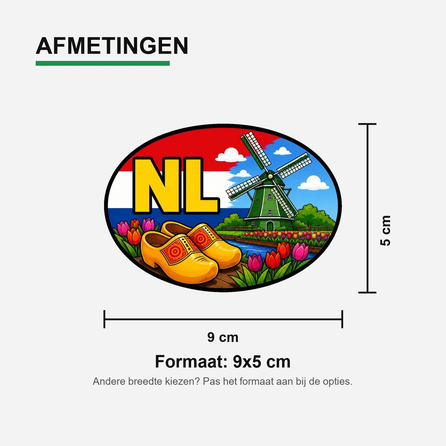 NL Landcode Sticker Zaanse Schans – Klompen, molen en tulpen – materiaal en matte afwerking