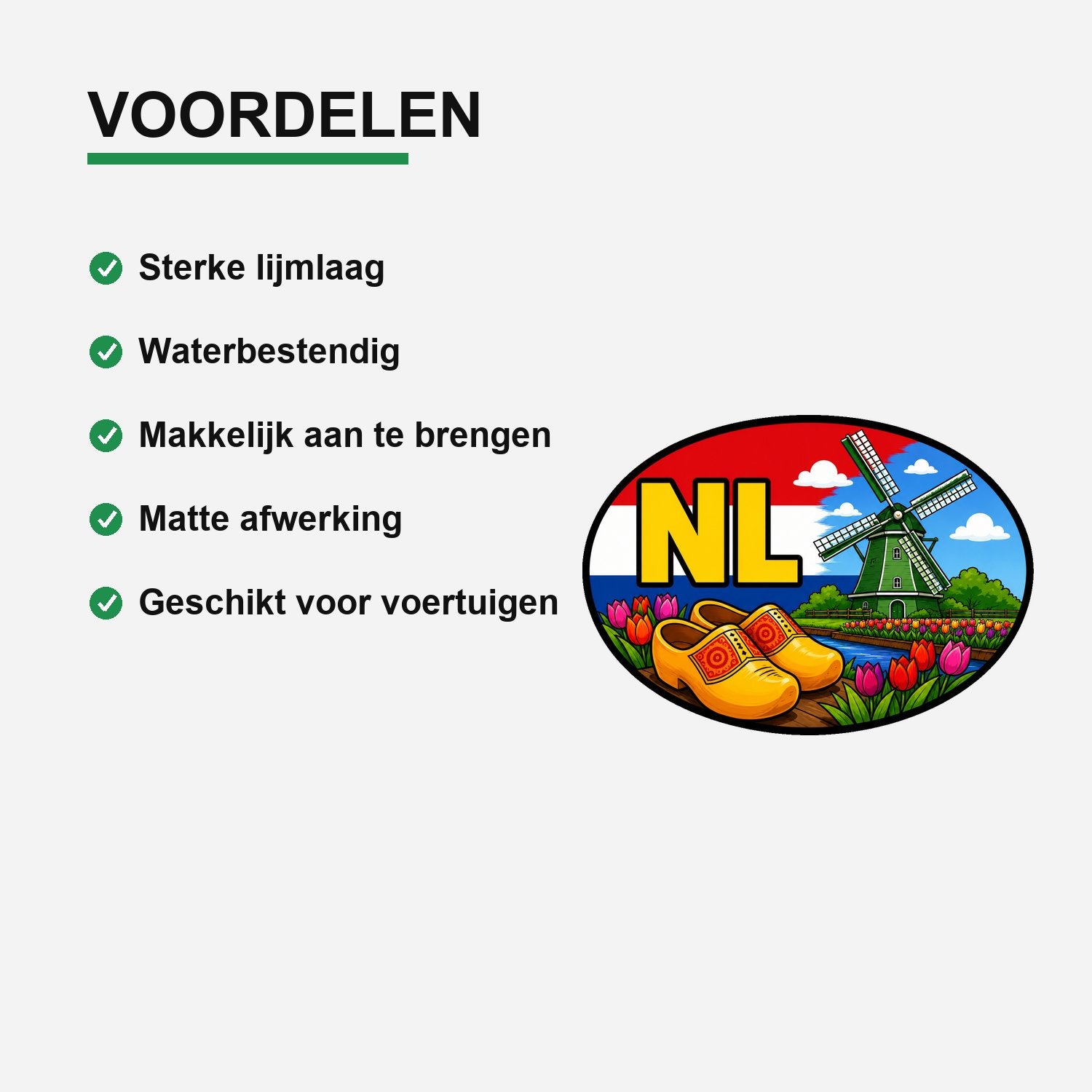NL Landcode Sticker Zaanse Schans – Klompen, molen en tulpen – gebruiksvoorbeeld