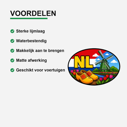 NL Landcode Sticker Zaanse Schans – Klompen, molen en tulpen – gebruiksvoorbeeld