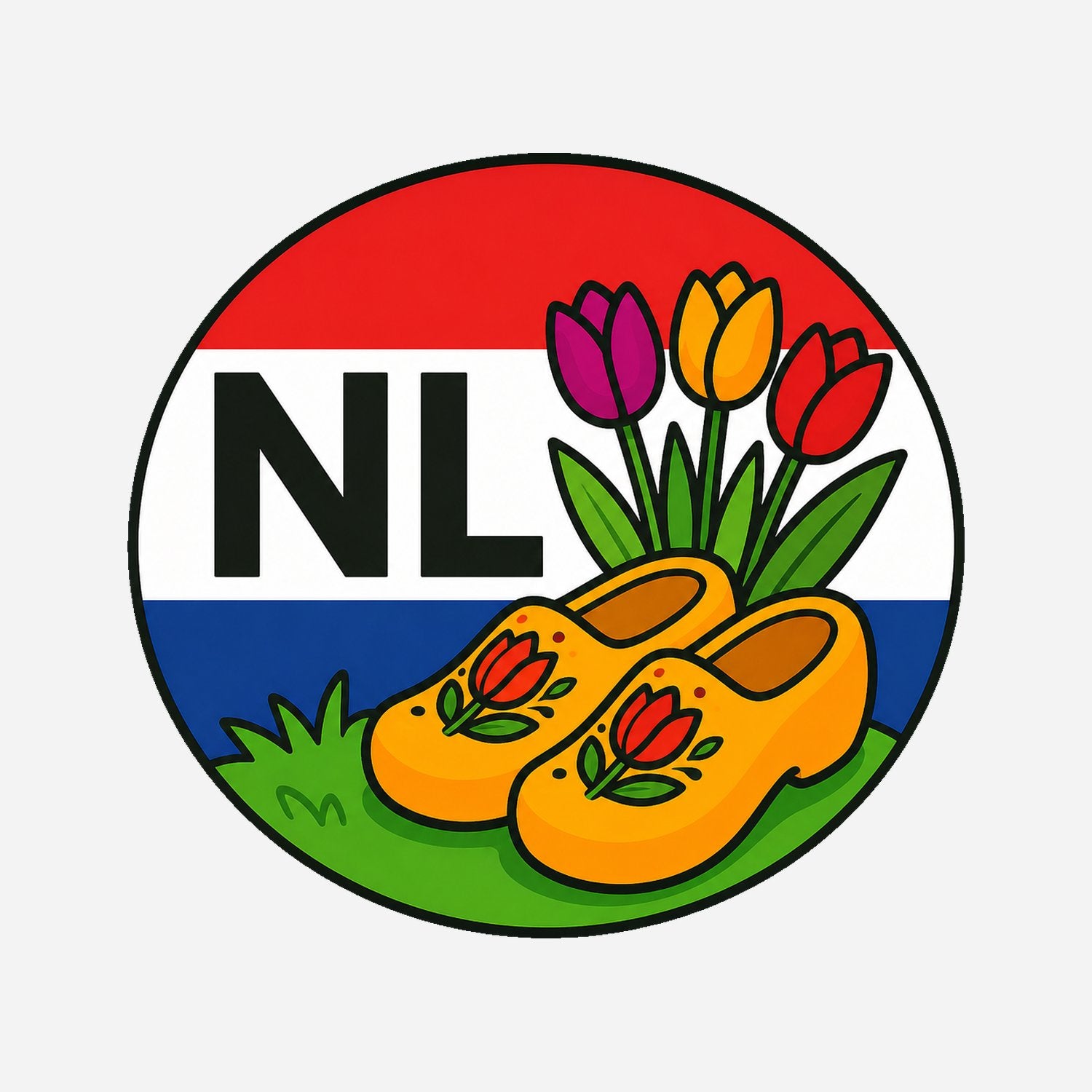 NL Landcode Sticker Nederland – Tulpen en Klompen – hoofdafbeelding van de sticker